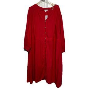 J. Jill Guava Button-Front Midi Dress 4X Linen Viscose Smocked Cuffs Cottagecore